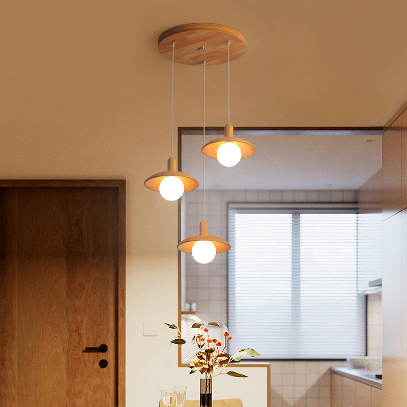 Minimalist Wood Pendant Light with 3 Bulbs for Restaurants - Funnel Shade Hanging Fixture