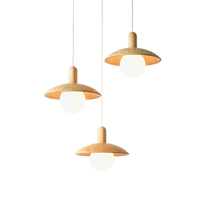 Minimalist Wood Pendant Light with 3 Bulbs for Restaurants - Funnel Shade Hanging Fixture
