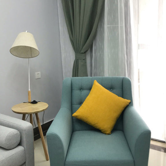 Modern Nordic Stand Up Floor Lamp with Wooden Tray - White Fabric Shade