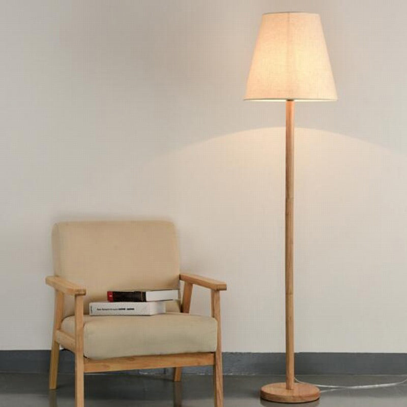 Simplicity Geometric Floor Lamp - 1-Light Study Room Standing Lighting in Wood with Fabric Shade