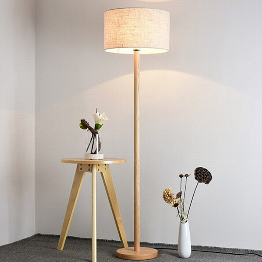 Simplicity Geometric Floor Lamp - 1-Light Study Room Standing Lighting in Wood with Fabric Shade