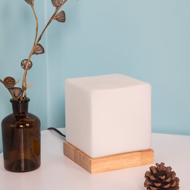 Nordic Style Cube Table Light with White Glass and Wooden Base - Single Nightstand Lighting