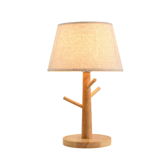 Minimalist Wood Tree Branch Nightstand Lamp with White Tapered Fabric Shade