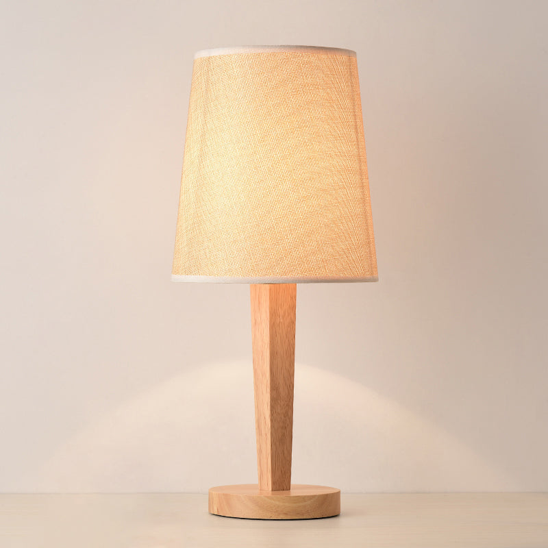 Modern Geometric Fabric Table Lamp with Wooden Base - Single White Nightstand Light