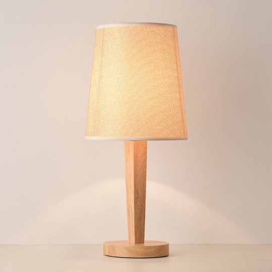 Modern Geometric Fabric Table Lamp with Wooden Base - Single White Nightstand Light