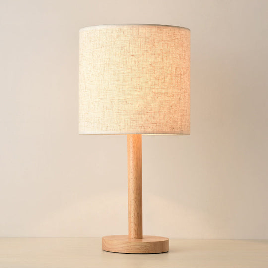 Modern Geometric Fabric Table Lamp with Wooden Base - Single White Nightstand Light