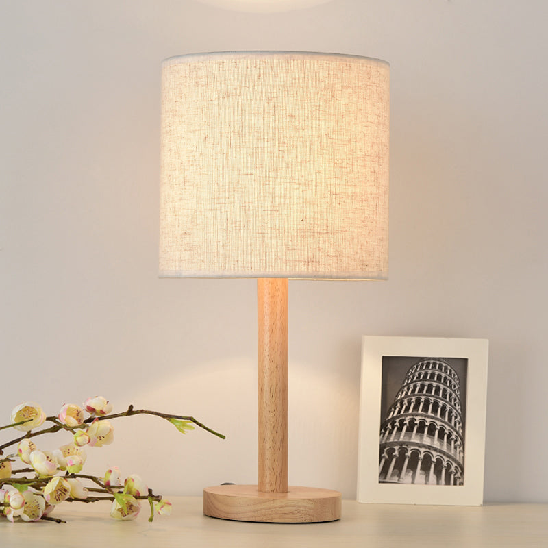 Modern Geometric Fabric Table Lamp with Wooden Base - Single White Nightstand Light