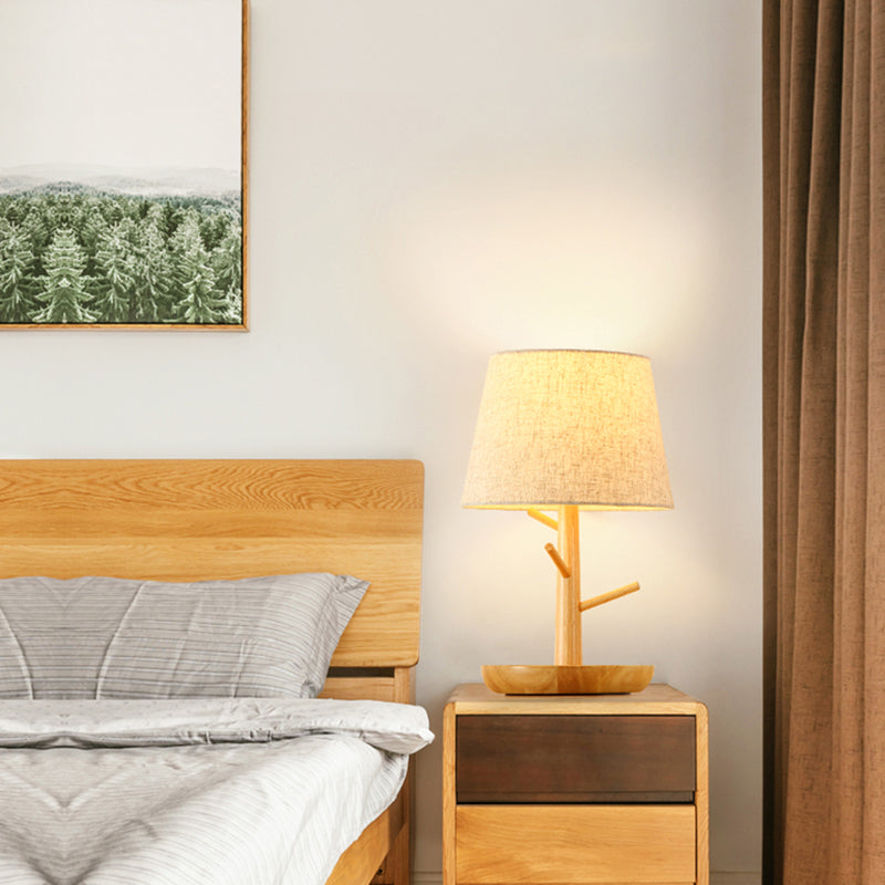 Tapered Table Light: Contemporary 1-Light Nightstand Lighting for Bedroom, Wood Design