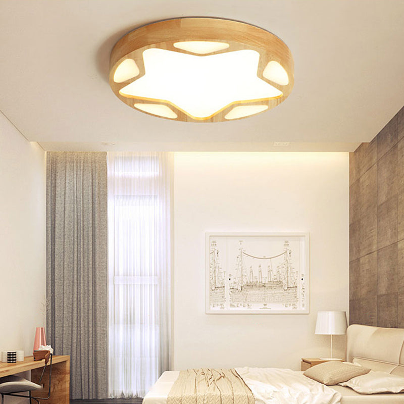 Modern Star Flush Ceiling Light for Kids Bedroom - LED Wood Flush Mount Fixture