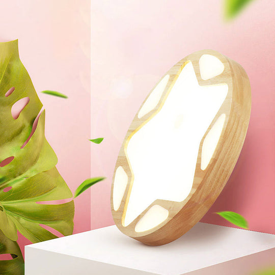 Modern Star Flush Ceiling Light for Kids Bedroom - LED Wood Flush Mount Fixture