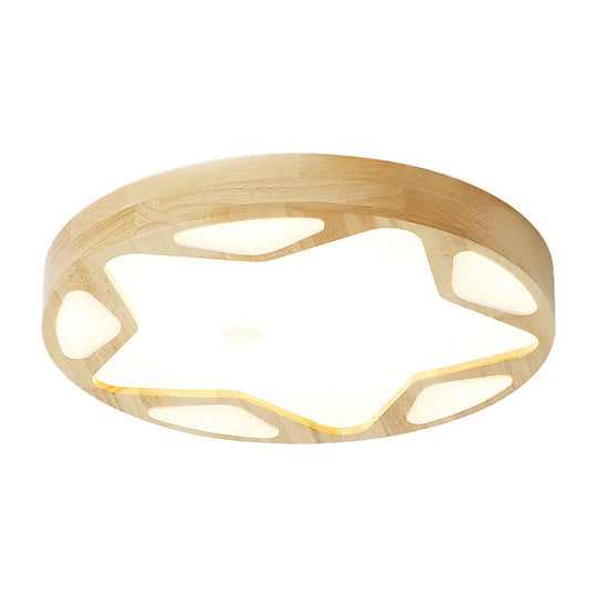 Modern Star Flush Ceiling Light for Kids Bedroom - LED Wood Flush Mount Fixture
