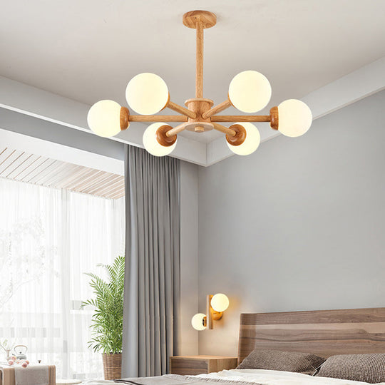 Minimalist Cream Glass Bedroom Chandelier with Wooden Suspension