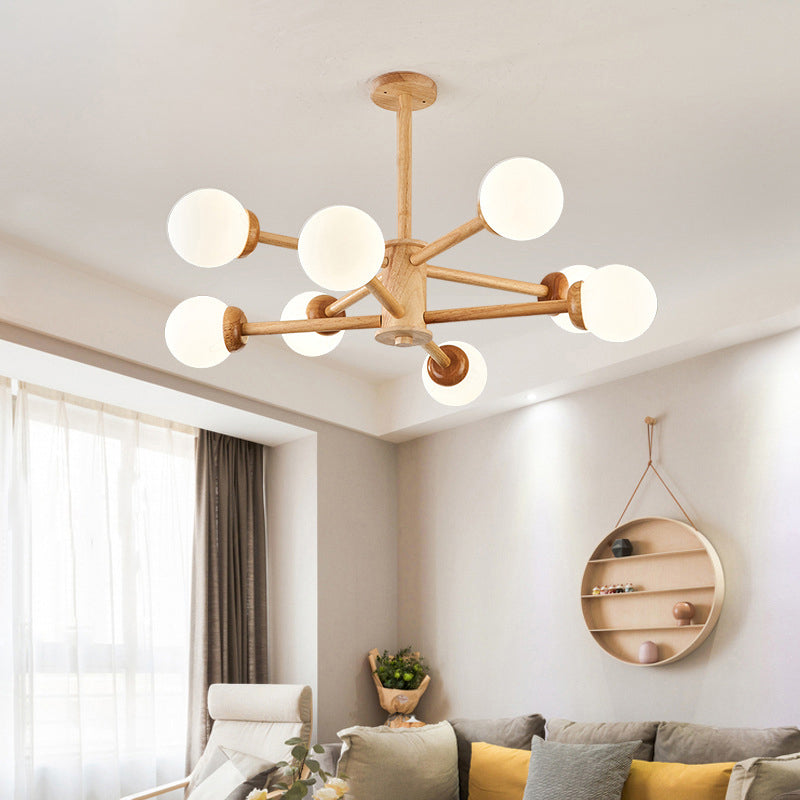 Minimalist Cream Glass Bedroom Chandelier with Wooden Suspension