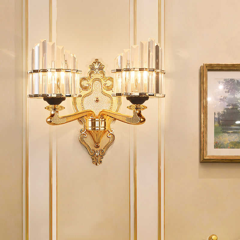 Modern Brass Crystal Block Wall Light Sconce with Carved Backplate
