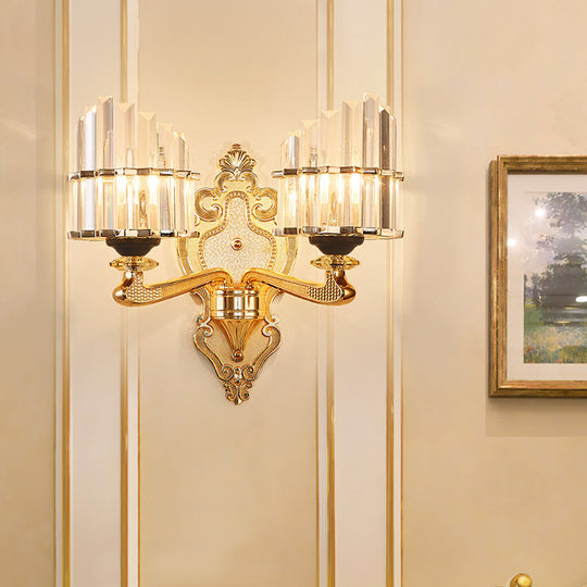 Modern Brass Crystal Block Wall Light Sconce with Carved Backplate