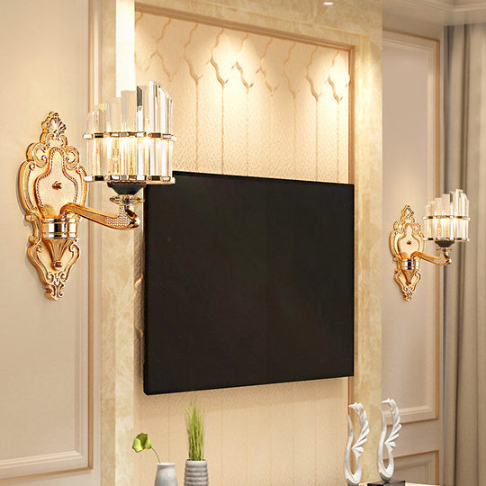 Modern Brass Crystal Block Wall Light Sconce with Carved Backplate