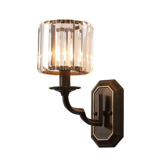 Vintage Metallic Wall Lamp with Clear Crystal Facets - Cylindrical 1-Head Black Fixture