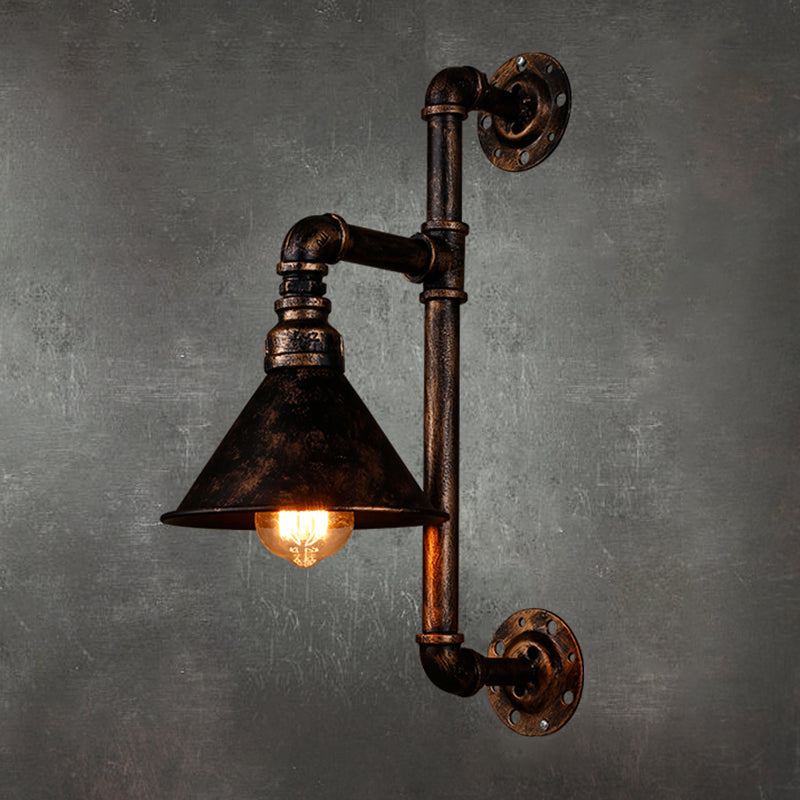 Antique Rust Water Pipe Iron Wall Mount Light with Cone Shade - 1-Light Restaurant Lighting Fixture