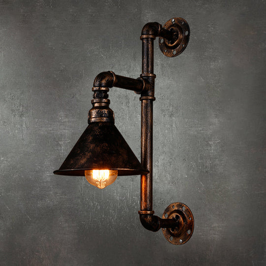 Antique Rust Water Pipe Iron Wall Mount Light with Cone Shade - 1-Light Restaurant Lighting Fixture