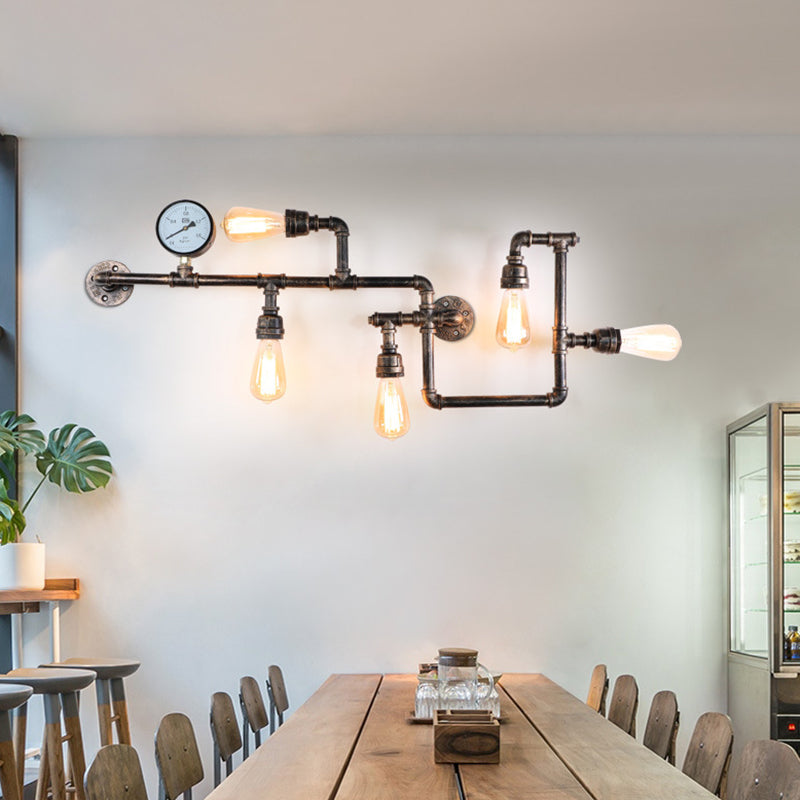 Rustic 5-Bulb Water Pipe Iron Wall Lamp with Pressure Gauge - Perfect for Restaurants
