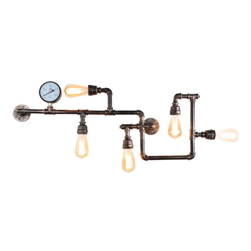 Rustic 5-Bulb Water Pipe Iron Wall Lamp with Pressure Gauge - Perfect for Restaurants