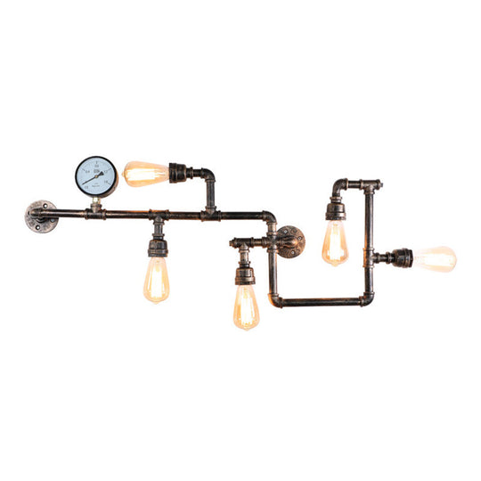 Rustic 5-Bulb Water Pipe Iron Wall Lamp with Pressure Gauge - Perfect for Restaurants