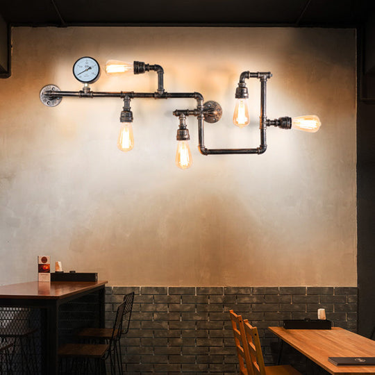 Rustic 5-Bulb Water Pipe Iron Wall Lamp with Pressure Gauge - Perfect for Restaurants