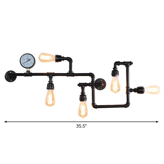 Rustic 5-Bulb Water Pipe Iron Wall Lamp with Pressure Gauge - Perfect for Restaurants