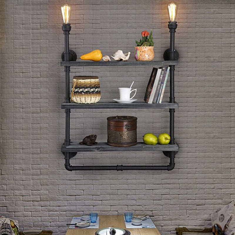 Rustic Iron Wall Lamp with Water Pipe Shelf for Restaurants - Black Finish