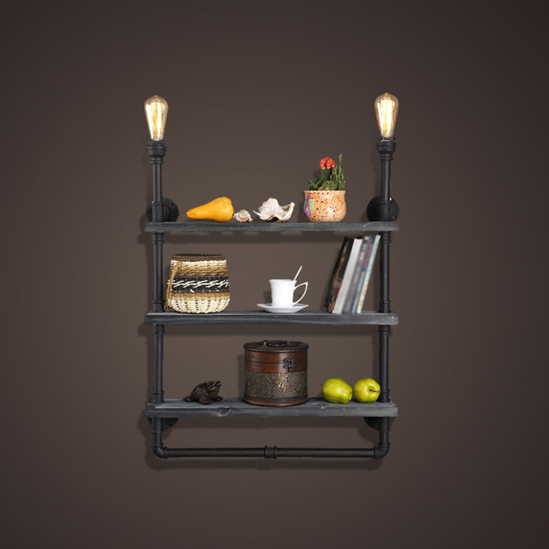 Rustic Iron Wall Lamp with Water Pipe Shelf for Restaurants - Black Finish