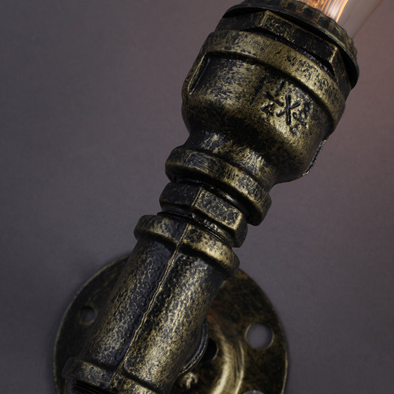 Rustic Style Iron Water Pipe Wall Lamp with Bronze Finish - 1 Bulb Restaurant Wall Light Fixture