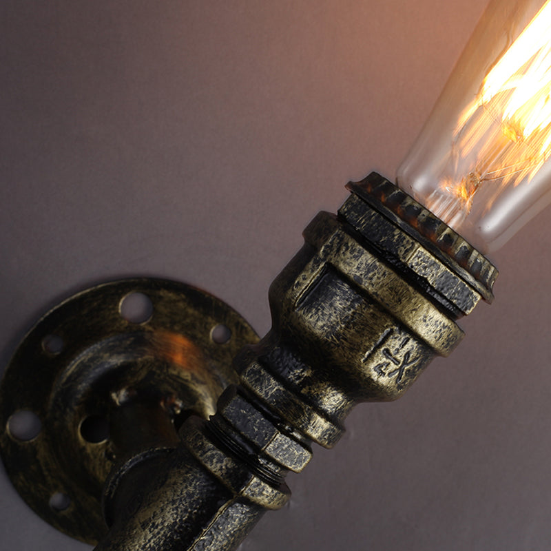 Rustic Style Iron Water Pipe Wall Lamp with Bronze Finish - 1 Bulb Restaurant Wall Light Fixture