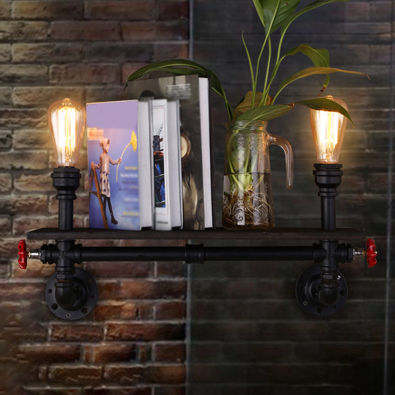 Retro Water Pipe Wall Light with 2 Heads and Iron Shelf, Black Finish - Ideal for Living Rooms