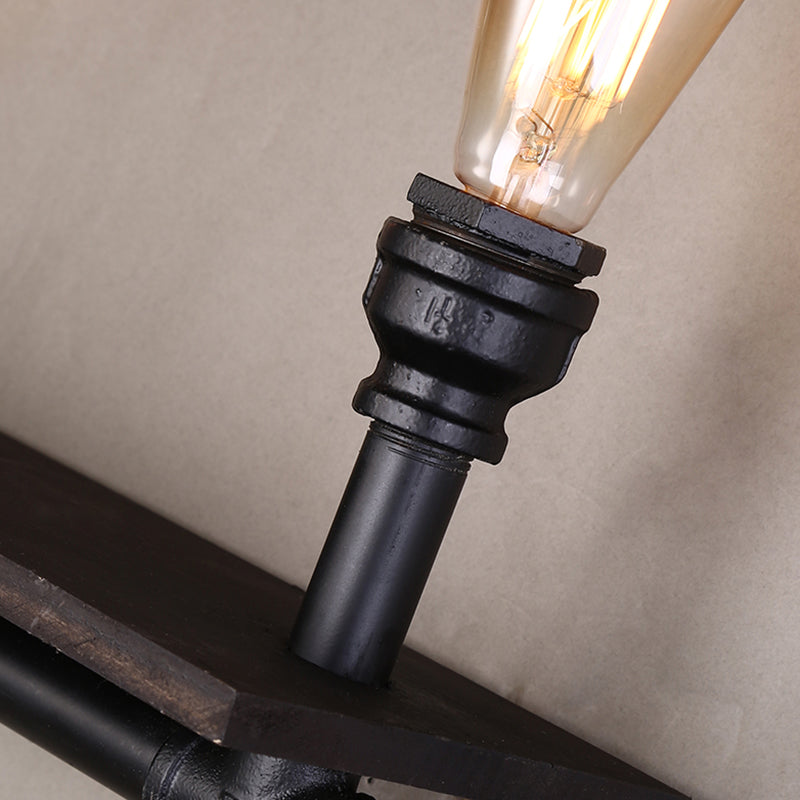 Retro Water Pipe Wall Light with 2 Heads and Iron Shelf, Black Finish - Ideal for Living Rooms
