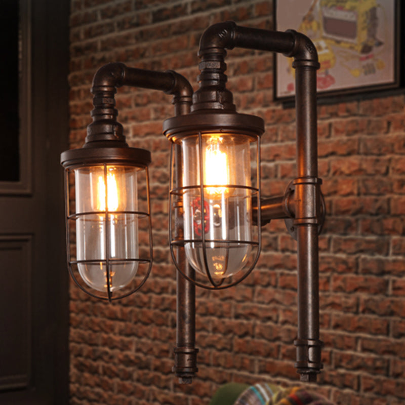 Vintage Rust Elongated Dome Wall Light Fixture with Clear Glass, 2 Heads, and Metallic Cage - Ideal for Restaurants and Piping-Inspired Atmosphere