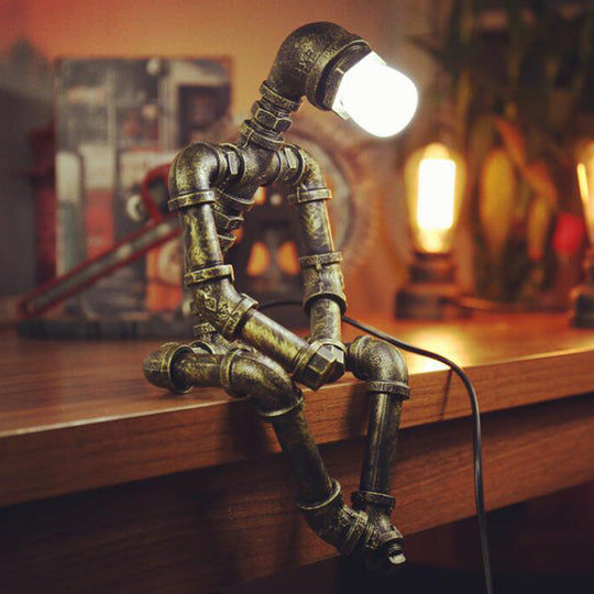 Rustic Pipe Robot Iron Nightstand Lamp in Bronze for Cafe