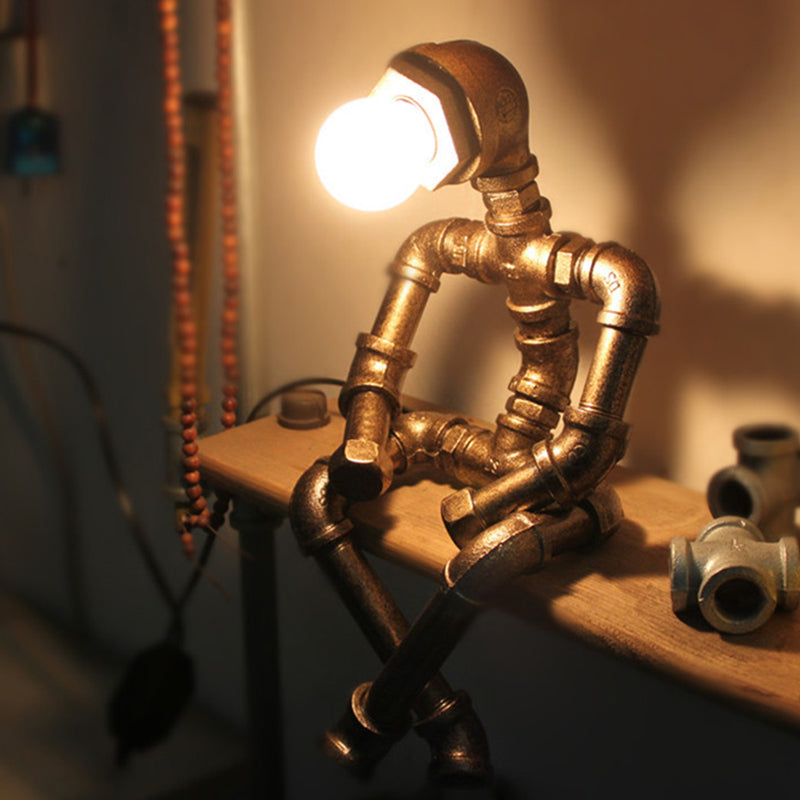 Rustic Pipe Robot Iron Nightstand Lamp in Bronze for Cafe