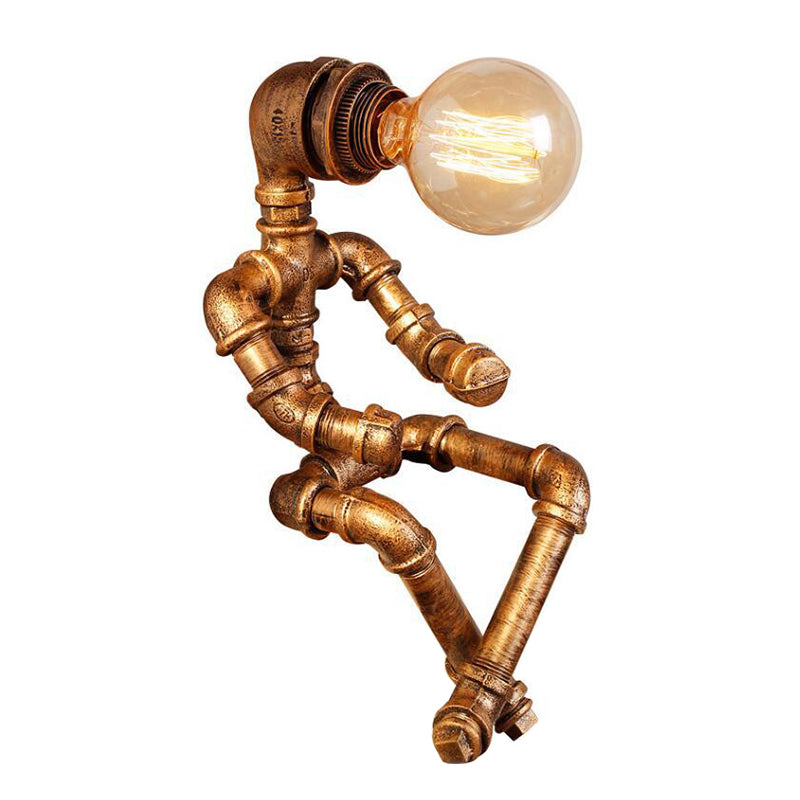 Rustic Pipe Robot Iron Nightstand Lamp in Bronze for Cafe