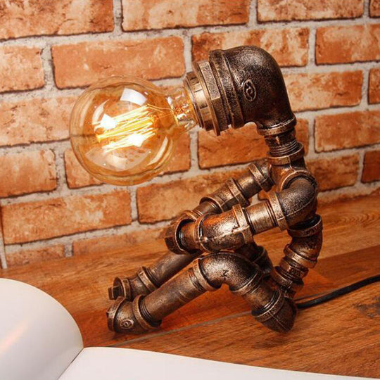 Retro Style Robot Iron Nightstand Lamp in Bronze - Single Bedroom Table Light