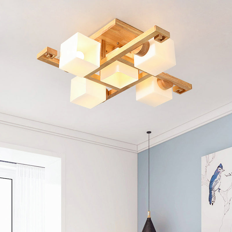Nordic White Glass Cube Semi Flush Mount Ceiling Light with Wooden Canopy