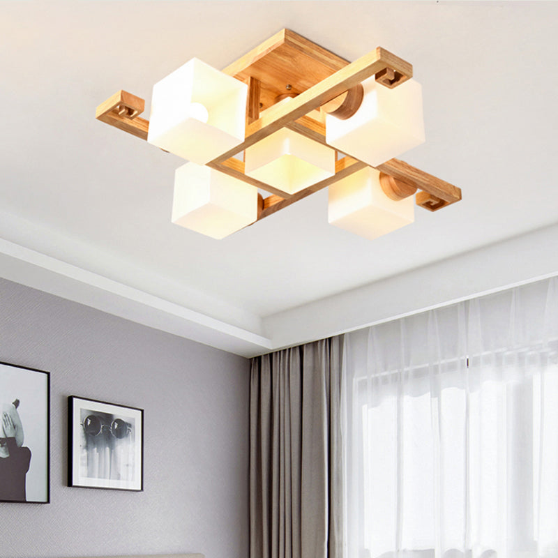 Nordic White Glass Cube Semi Flush Mount Ceiling Light with Wooden Canopy
