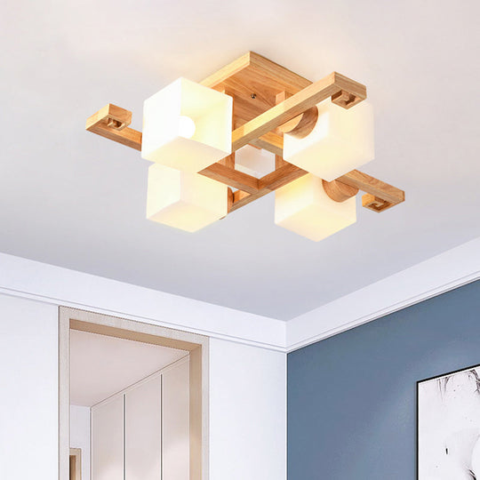 Nordic White Glass Cube Semi Flush Mount Ceiling Light with Wooden Canopy