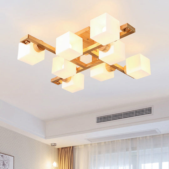 Nordic White Glass Cube Semi Flush Mount Ceiling Light with Wooden Canopy