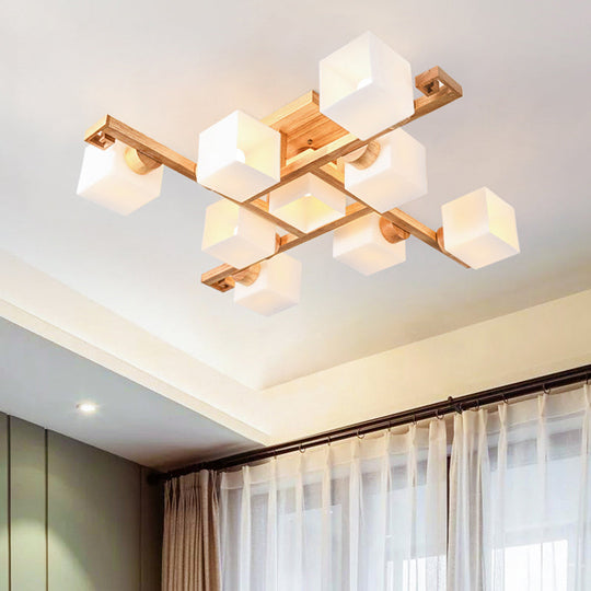 Nordic White Glass Cube Semi Flush Mount Ceiling Light with Wooden Canopy
