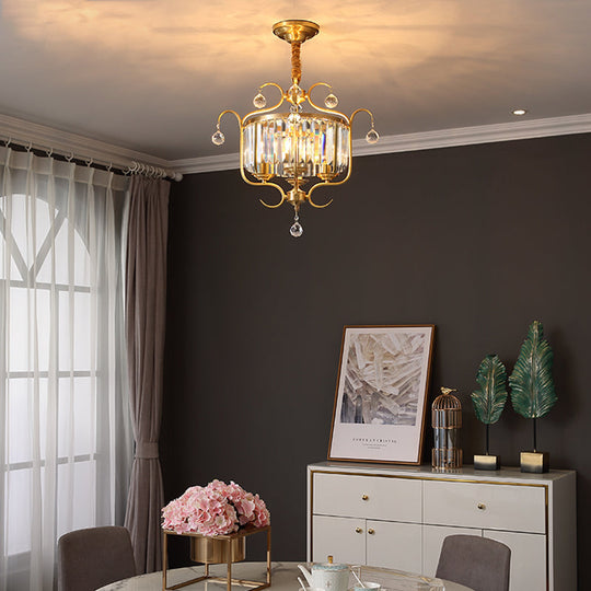 Modern Brass Lantern Chandelier with Crystal Rods - 4 Lights Hanging Light