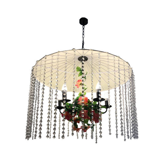 White Industrial Crystal Chandelier - 5-Light Umbrella Shade Ceiling Light for Restaurants