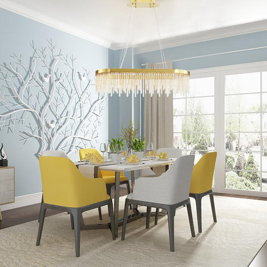 Modern Brass LED Chandelier Light for Dining Room - Oval Crystal Rod Ceiling Fixture