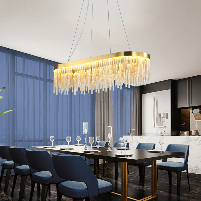 Modern Brass LED Chandelier Light for Dining Room - Oval Crystal Rod Ceiling Fixture