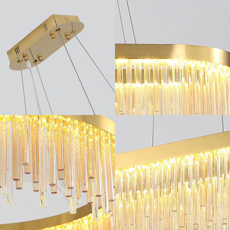 Modern Brass LED Chandelier Light for Dining Room - Oval Crystal Rod Ceiling Fixture