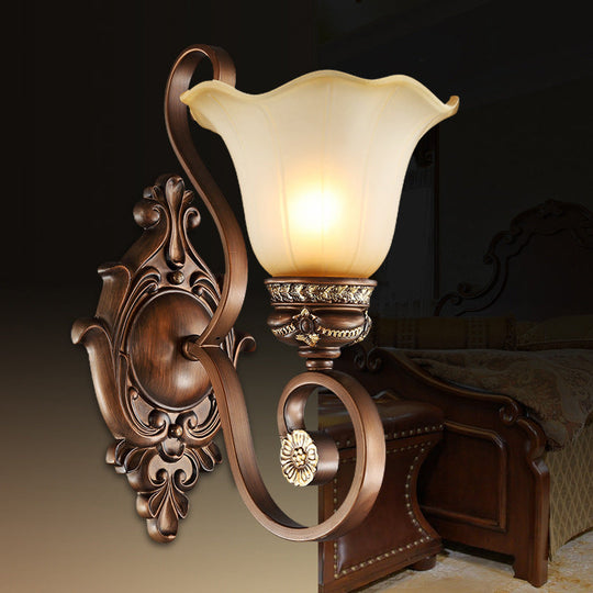 Retro Floral Wall Sconce Light with Metal Curved Arm - 1 Light, Frosted Glass, Brown - Ideal for Porch
